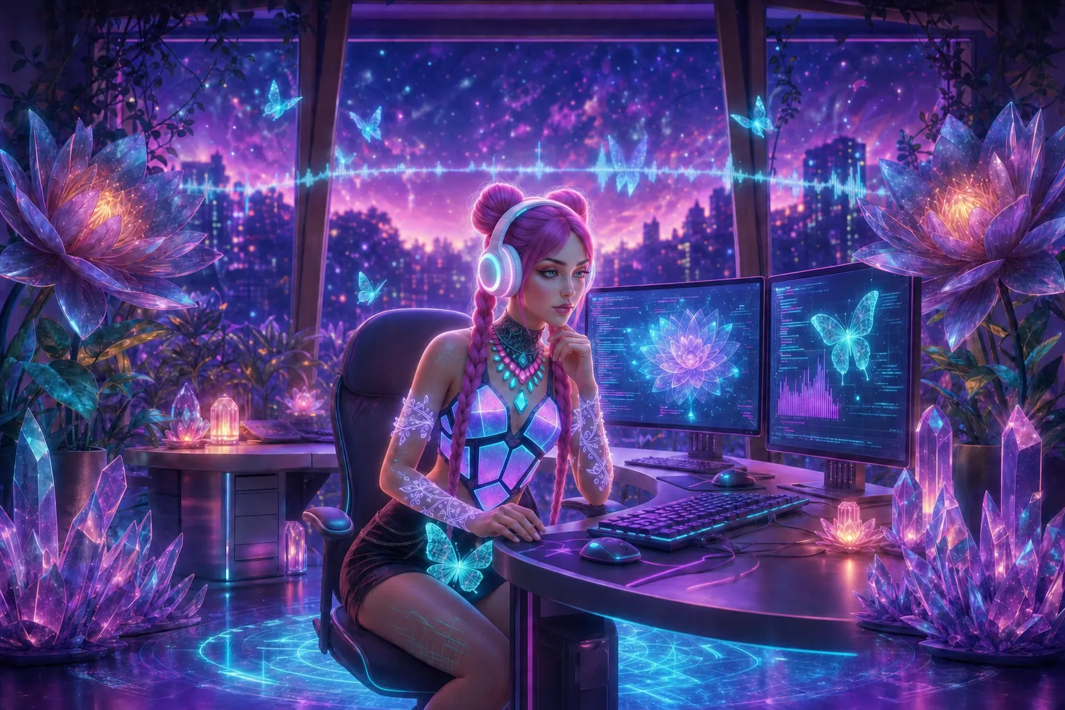 me at my desk with headphones, reading